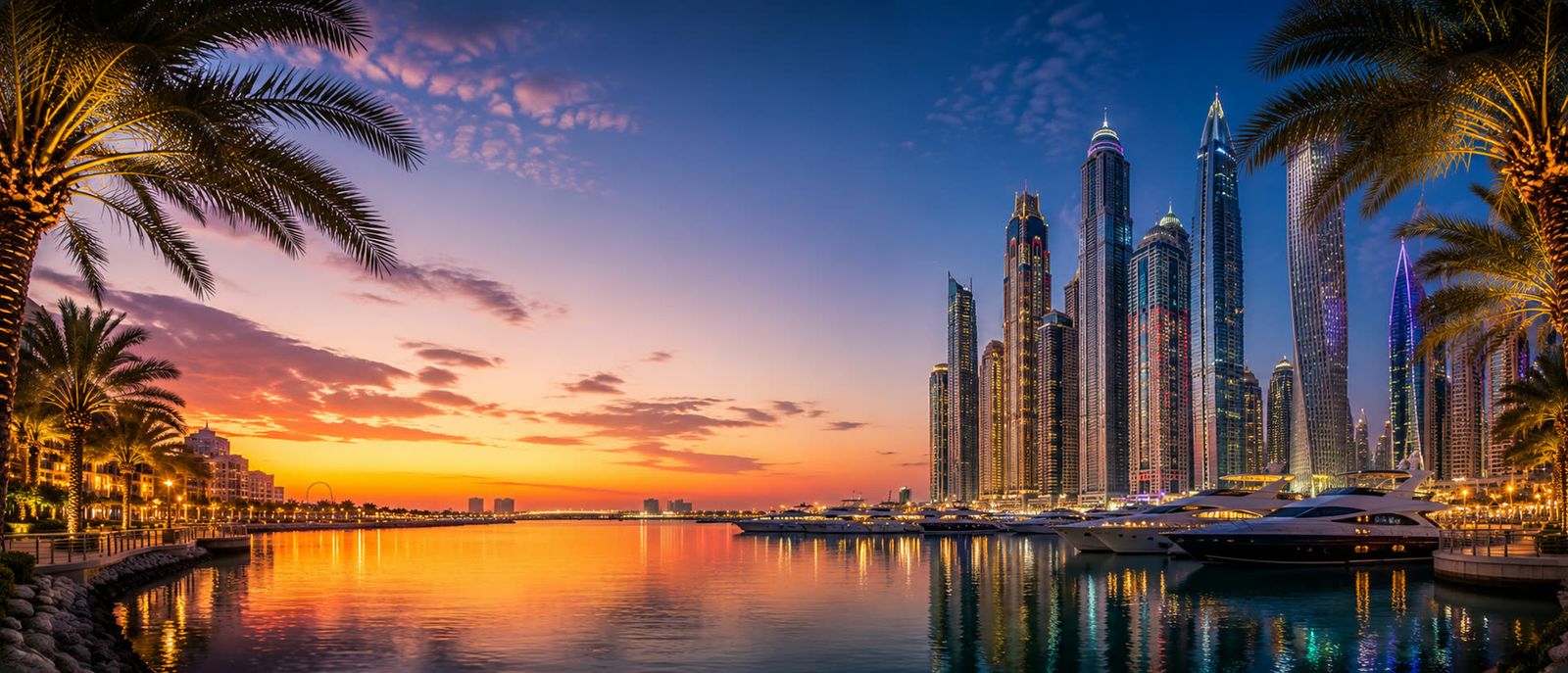 Dubai Marina skyline at twilight with palms and yachts