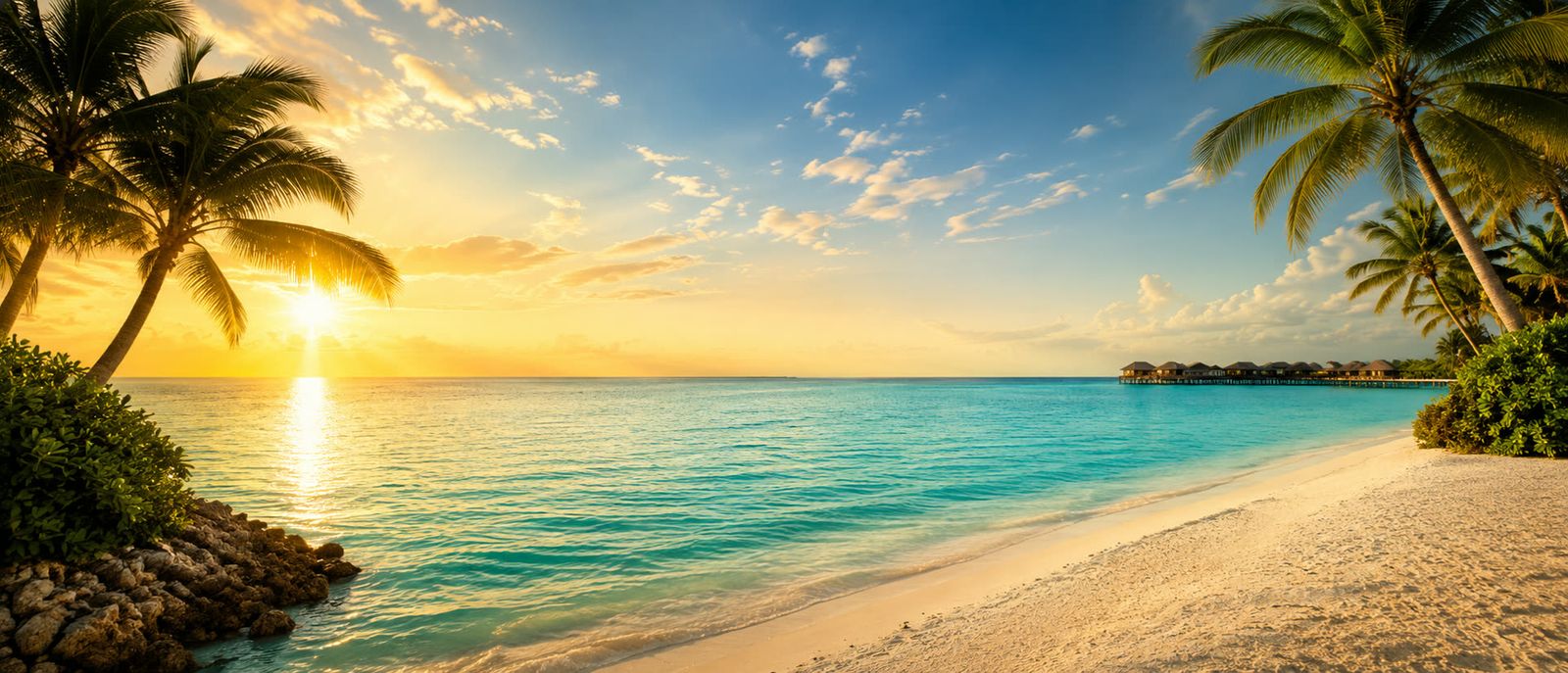 Tropical beach at golden hour with palm trees and turquoise water